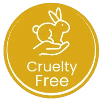 Gold circle with white text and a rabbit icon, text reads 'Cruelty Free'