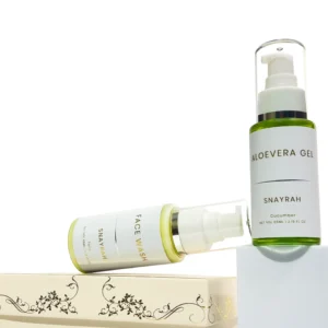 SNAYRAH Premium Mini 2-Item Gift Set for Her - Aloe Vera Gel and Face Wash, 65ml each, with cucumber and tulip fragrances, in a premium off-white gift box.