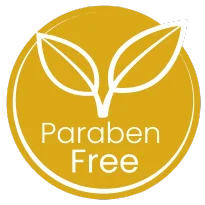 Gold circle with white text and two white leaves, text reads 'Paraben Free'