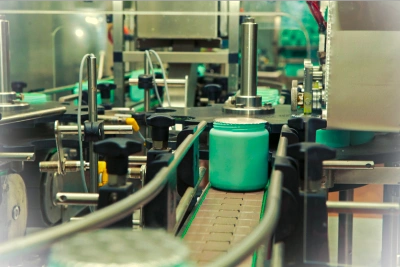 A bottle being filled with a cosmetic product in a production unit.