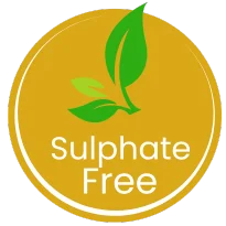 Gold circle with white text and two green leaves, text reads 'Sulphate Free'