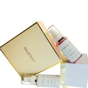 SNAYRAH Premium Mini 2-Item Gift Set for Her - Body Wash and Body Lotion, 65ml each, with tulip and English lavender fragrances, in a premium off-white gift box.