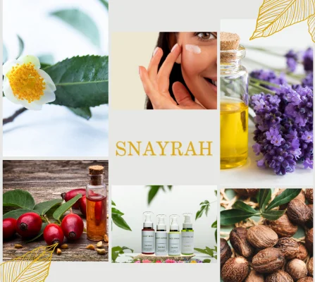 Collage featuring ingredients and skincare product, including shea butter, chamomile flower extract, lavender extract, rosehip oil, and a person applying the product to their cheek.