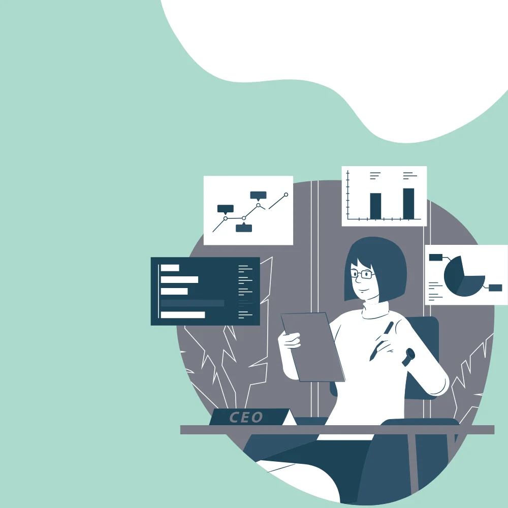 llustration of a woman CEO sitting at a desk, analyzing data on a tablet, surrounded by charts and graphs, in a modern, minimalist style with a green and grey colour scheme.