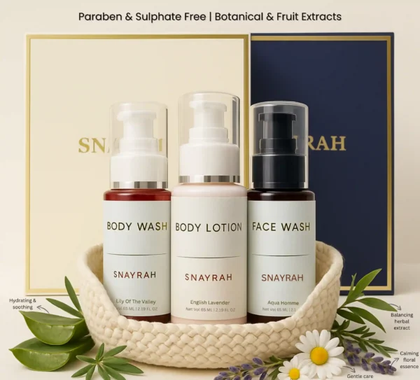 Snayrah gift boxes with skincare bottles and ribbons
