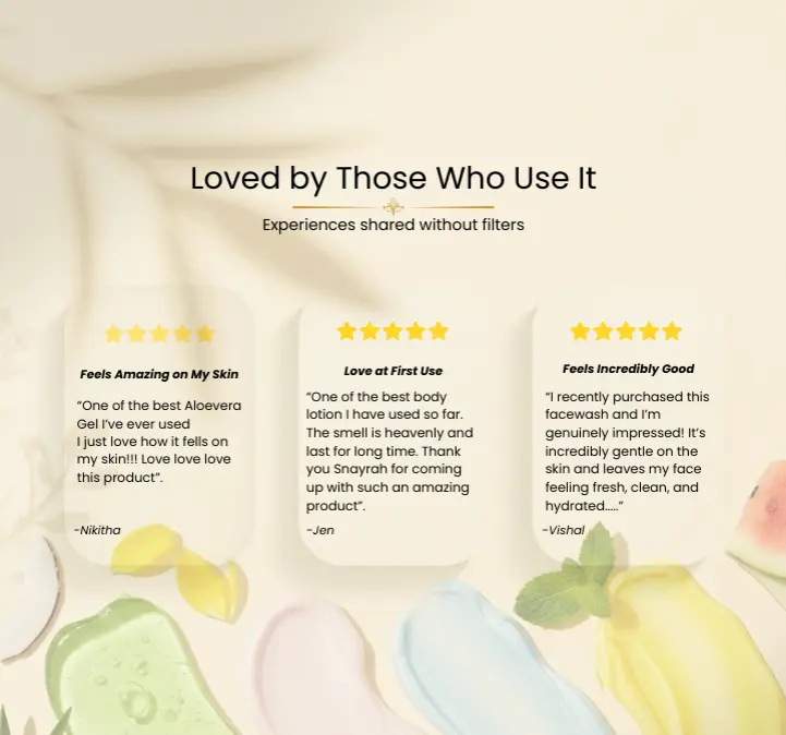 Customer review cards highlighting experiences with gentle, paraben & sulphate free skincare.