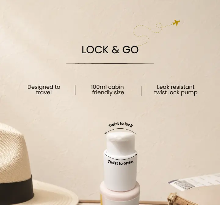 Premium Skincare & Gift Sets SNAYRAH 100ml skincare bottle showing the travel-friendly twist-lock pump mechanism