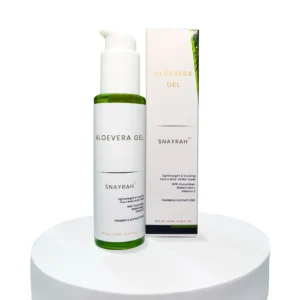 SNAYRAH Aloe Vera Gel bottle with outer box on a white display stand