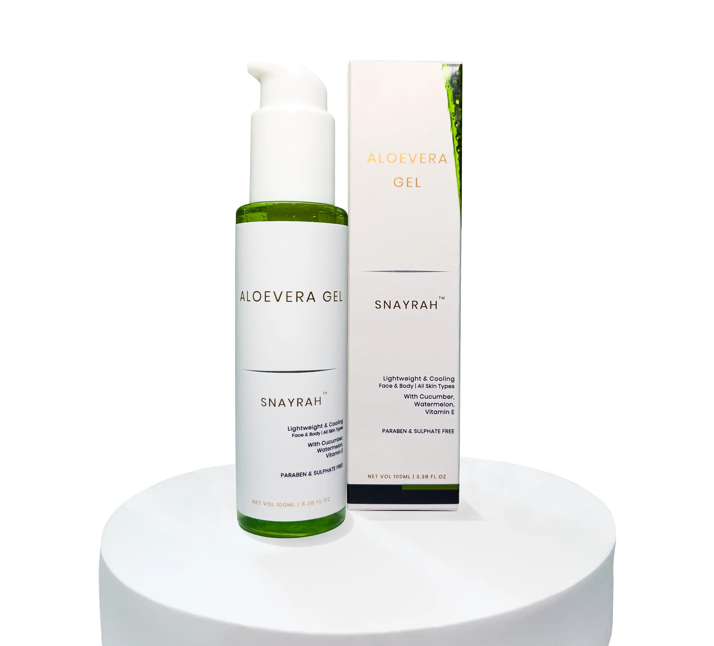 SNAYRAH Aloe Vera Gel bottle with outer box on a white display stand