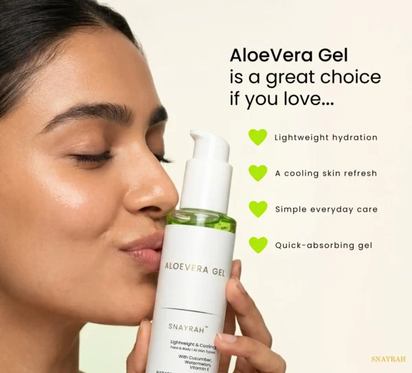Woman holding SNAYRAH Aloe Vera Gel with everyday hydration and cooling care benefit points