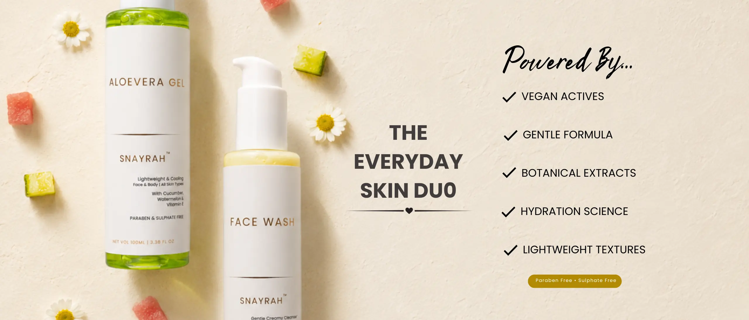 Premium Skincare & Gift Sets SNAYRAH Aloe Vera Gel and Face Wash highlighting vegan actives, botanical extracts and lightweight textures