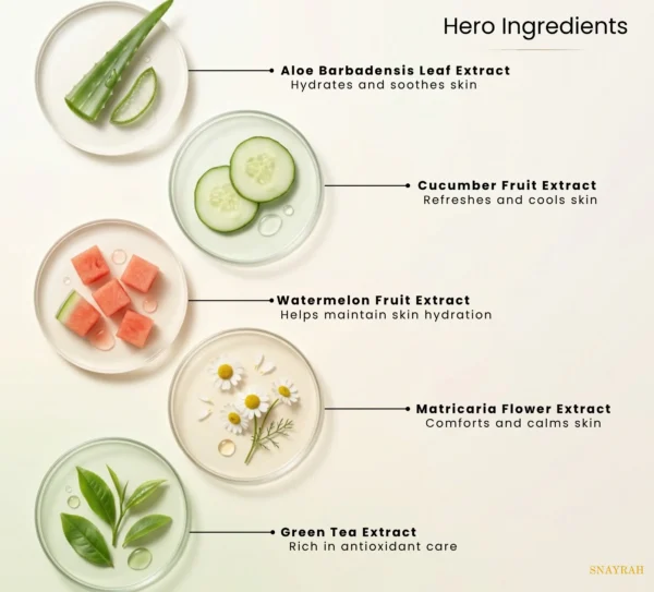 Ingredient graphic for SNAYRAH Aloe Vera Gel showing aloe vera, cucumber, watermelon, chamomile and green tea extracts