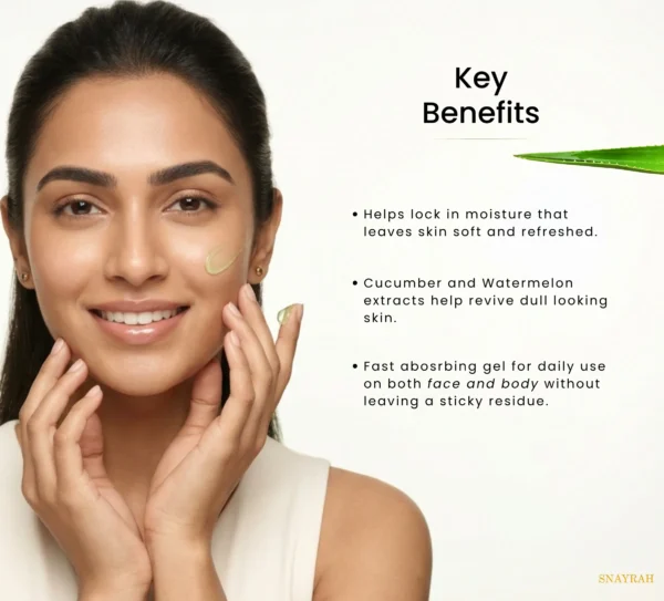 Woman applying SNAYRAH Aloe Vera Gel with key benefit points for moisture and fast-absorbing face and body use