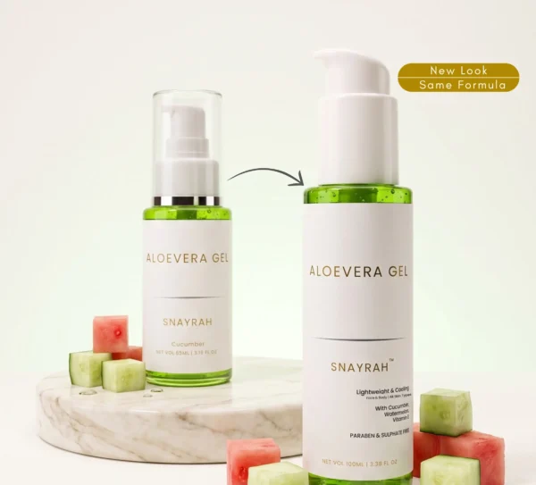 Comparison image of the older and newer SNAYRAH Aloe Vera Gel packaging with cucumber and watermelon pieces