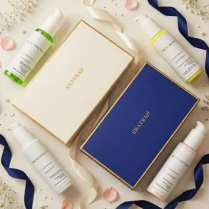 SNAYRAH duo gift set boxes in cream and royal blue with Aloe Vera Gel, Face Wash, Moisturiser and Body Lotion