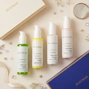 SNAYRAH trio gift set boxes in cream and royal blue with Aloe Vera Gel, Face Wash, Moisturiser and Body Lotion