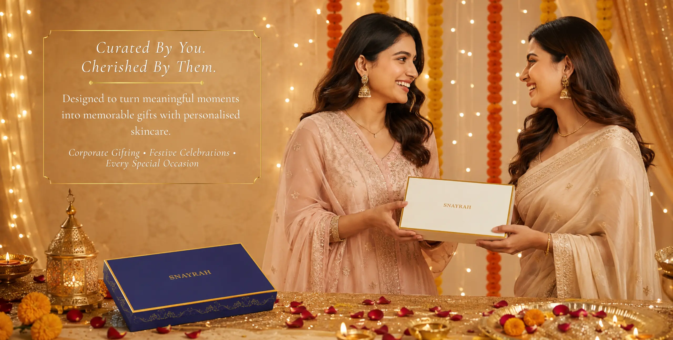 Premium Skincare & Gift Sets Two women exchanging a SNAYRAH gift box in a festive setting with premium skincare gift boxes