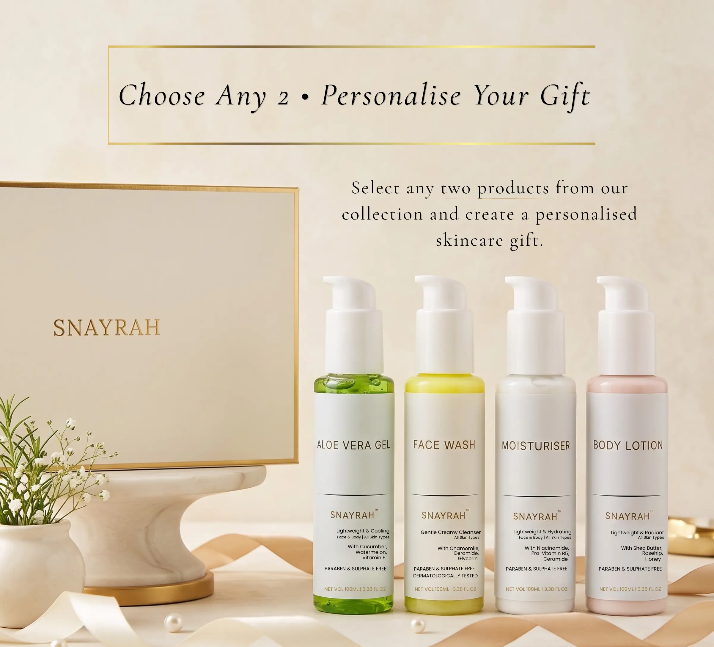 SNAYRAH personalised duo gift set with cream gift box and four skincare products to choose from