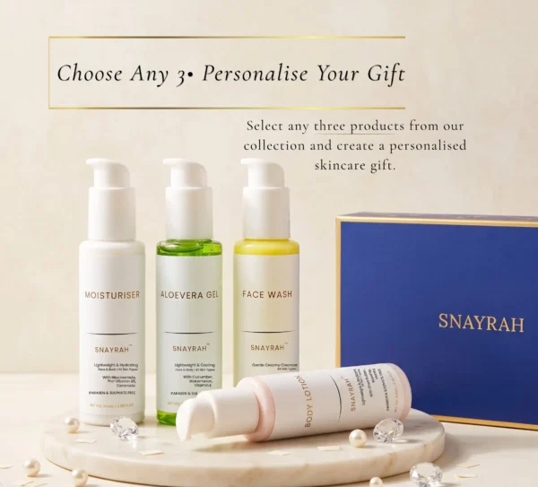SNAYRAH personalised trio gift set with royal blue gift box and four skincare products to choose from