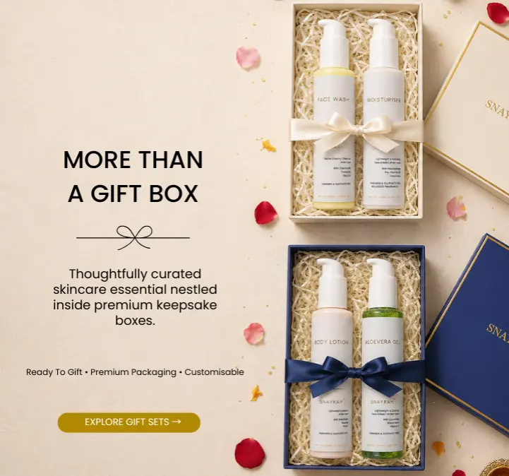 Premium Skincare & Gift Sets SNAYRAH skincare products arranged inside premium cream and blue customisable gift boxes
