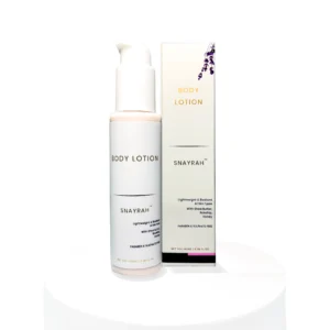 SNAYRAH English Lavender body lotion bottle with outer box on a white display stand