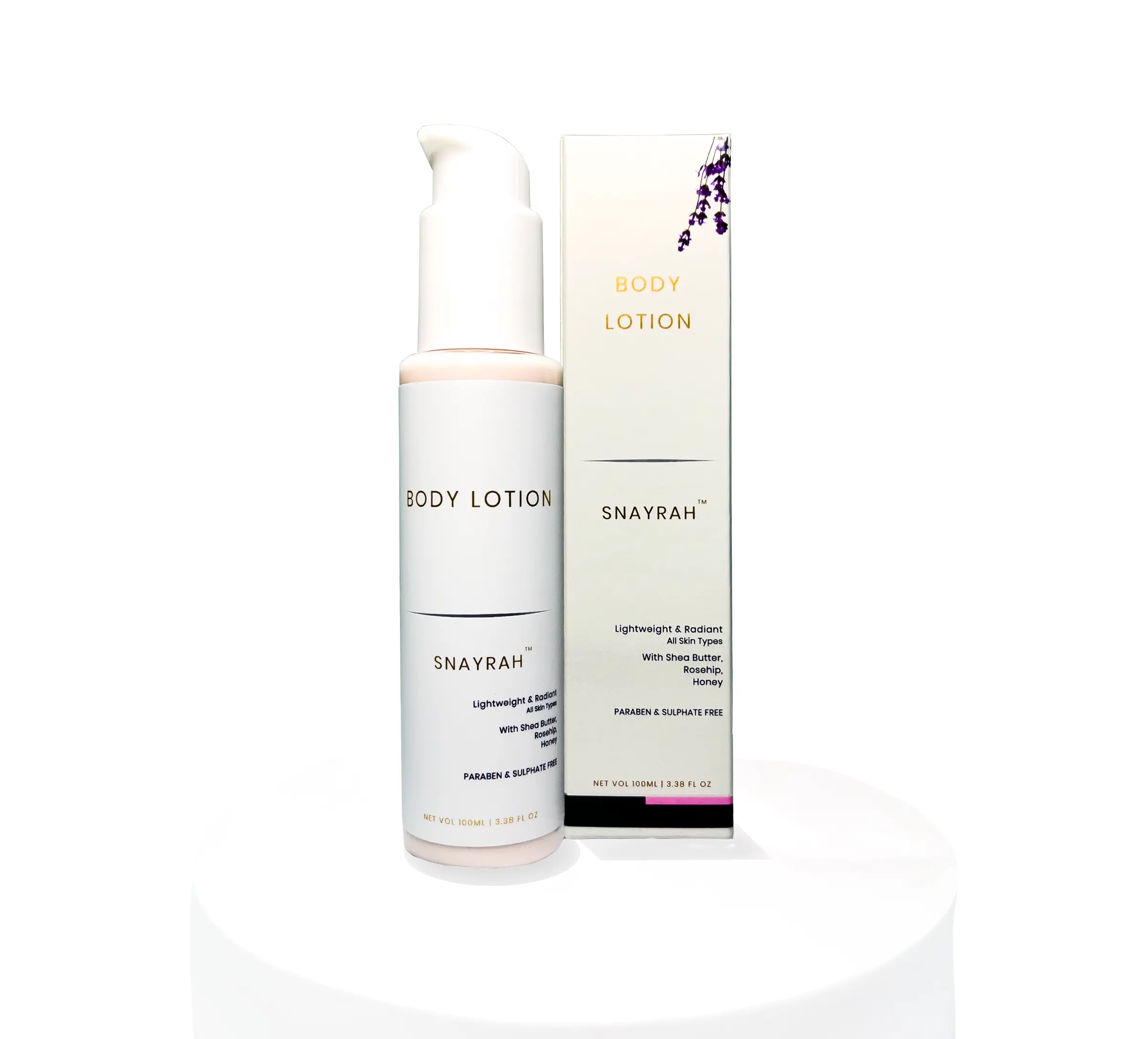 SNAYRAH English Lavender body lotion bottle with outer box on a white display stand