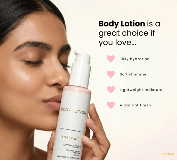 Woman holding SNAYRAH English Lavender Body Lotion with visible benefit points for silky hydration, soft shimmer, lightweight moisture and a radiant finish