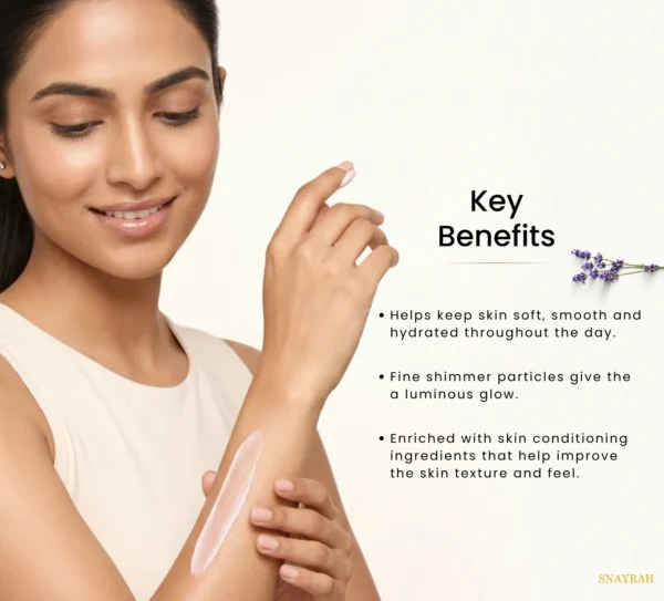 Woman applying SNAYRAH English Lavender Body Lotion with visible key benefit points for soft hydrated skin, a luminous glow and skin-conditioning care