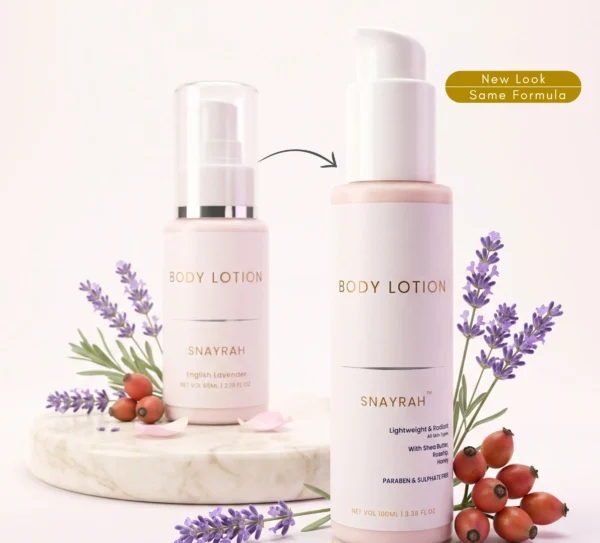 Comparison image of the older and newer SNAYRAH English Lavender Body Lotion packaging with lavender and rosehip elements