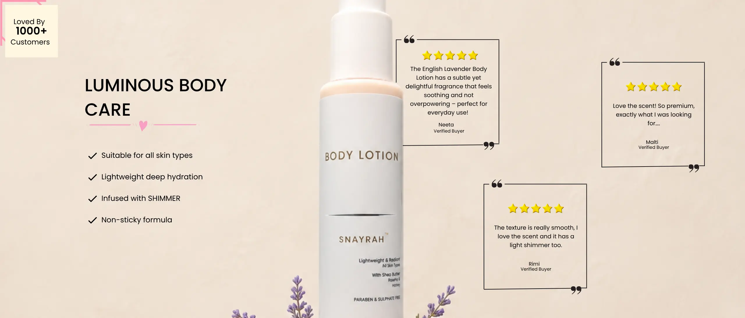 Premium Skincare & Gift Sets SNAYRAH English Lavender Body Lotion highlighting lightweight hydration, shimmer and a non-sticky formula