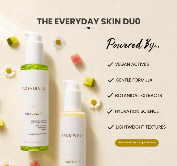 Premium Skincare & Gift Sets SNAYRAH Aloe Vera Gel and Face Wash highlighting vegan actives, botanical extracts and lightweight textures
