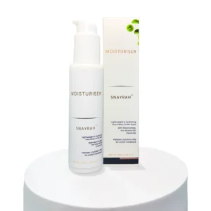SNAYRAH face & body moisturiser bottle with outer box on a white display stand