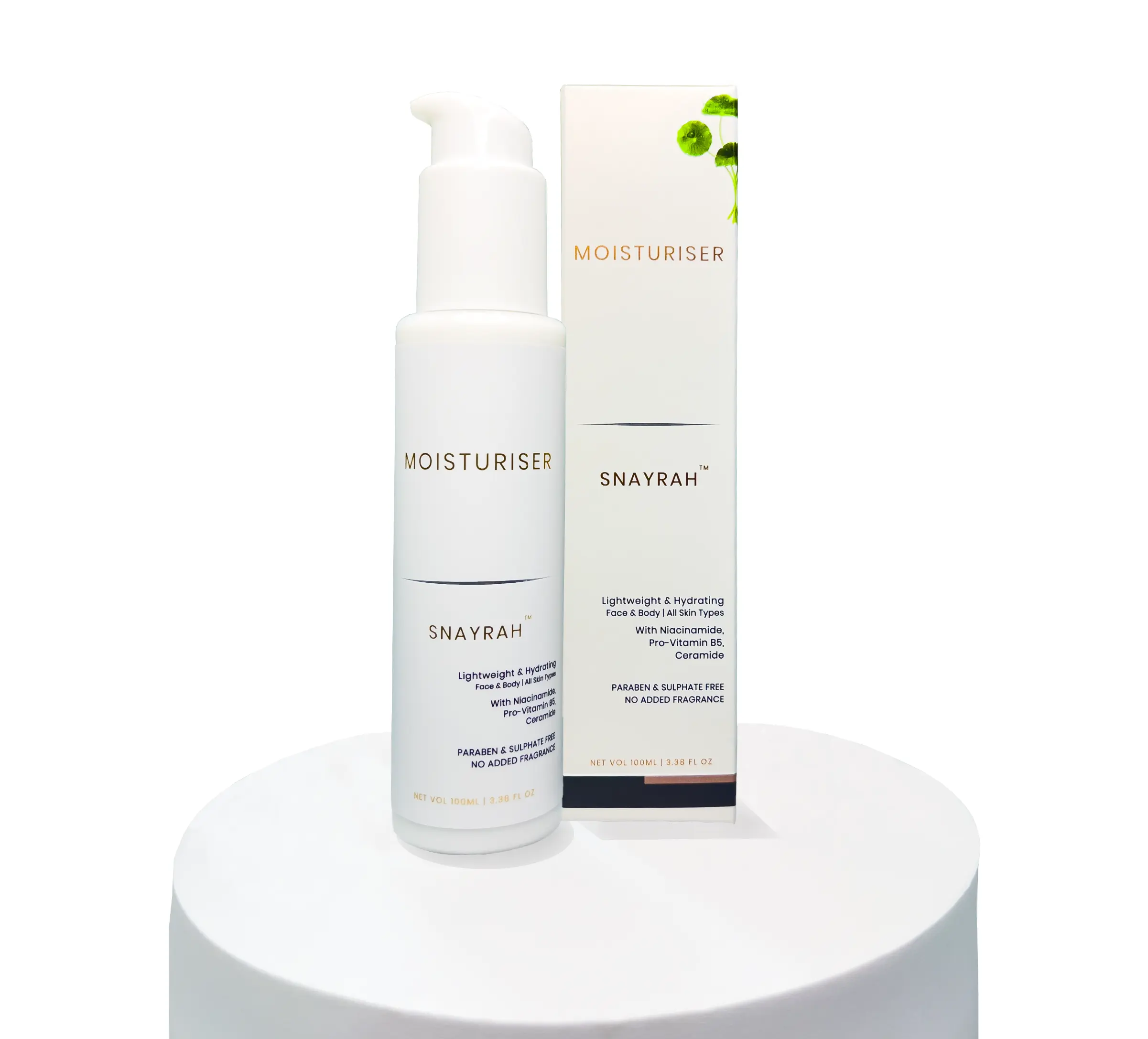 SNAYRAH face & body moisturiser bottle with outer box on a white display stand