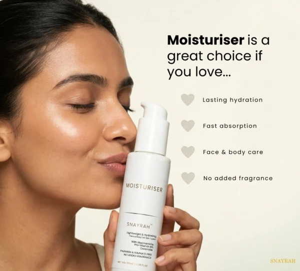 Woman holding SNAYRAH Face & Body Moisturiser with visible benefit points for lasting hydration, fast absorption, face and body care and no added fragrance