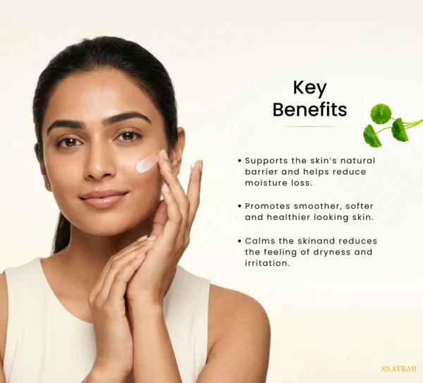 Woman applying SNAYRAH Face & Body Moisturiser with visible key benefit points for skin barrier support, smoother-looking skin and comfort from dryness