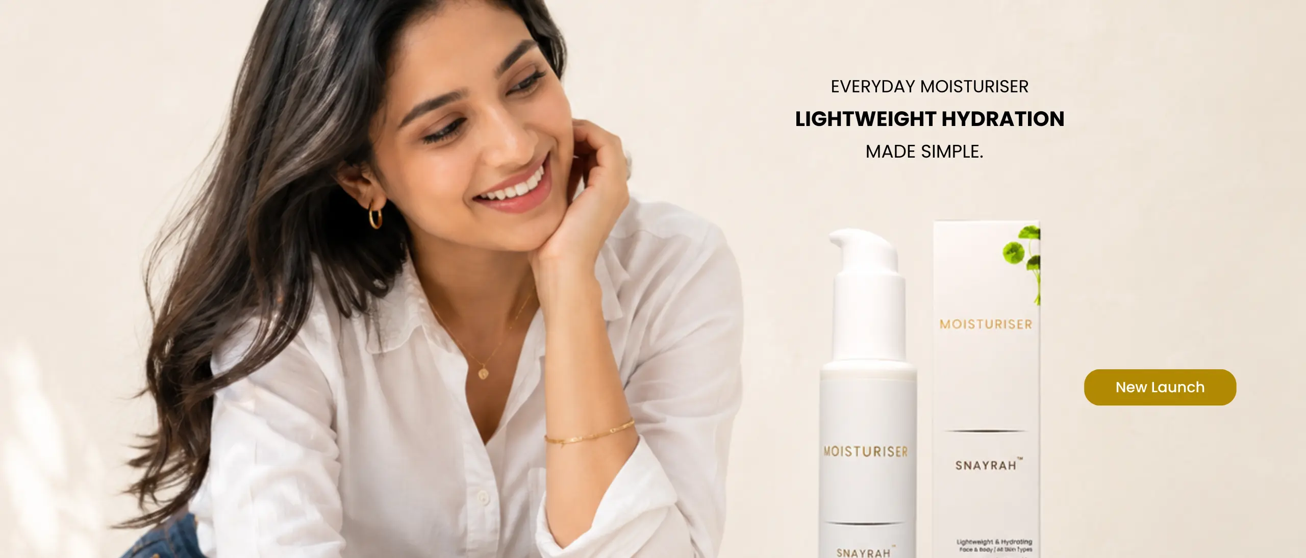 Premium Skincare & Gift Sets Woman beside SNAYRAH Face & Body Moisturiser bottle and carton highlighting lightweight everyday hydration