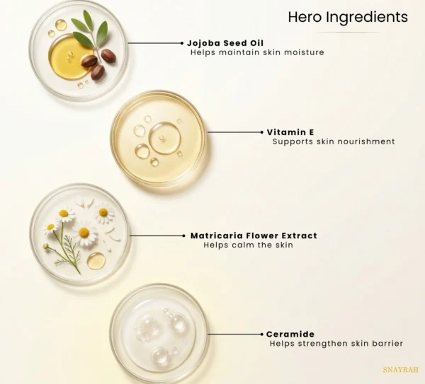 Ingredient graphic for SNAYRAH Face Wash showing Jojoba Seed Oil, Vitamin E, Matricaria Flower Extract and Ceramide