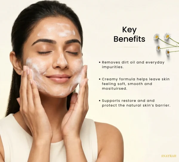 Woman cleansing her face with foam alongside visible key benefit points for removing dirt and oil, soft skin feel and support for the skin barrier