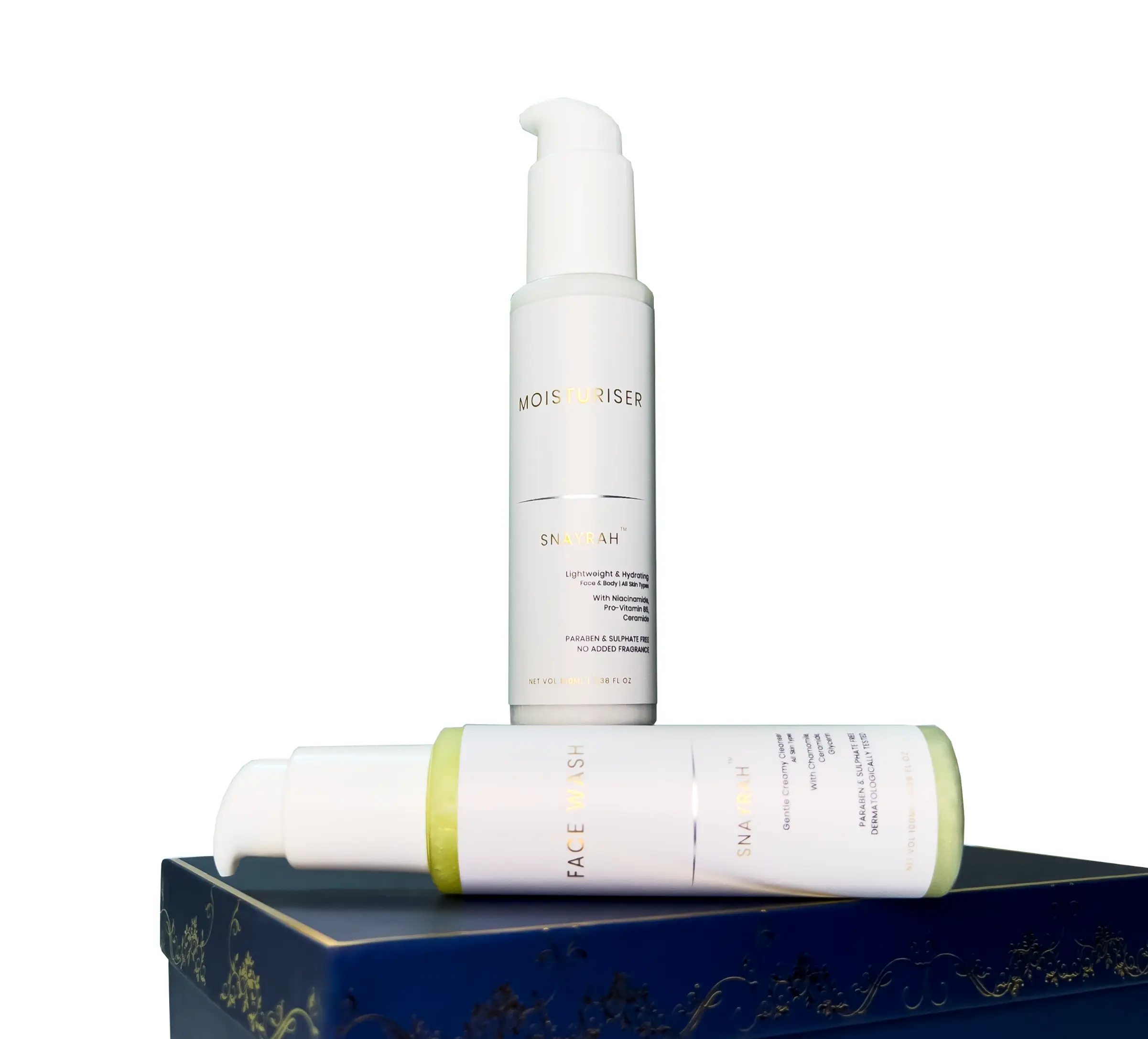 SNAYRAH Face Wash and Face & Body Moisturiser gift set with premium blue gift box