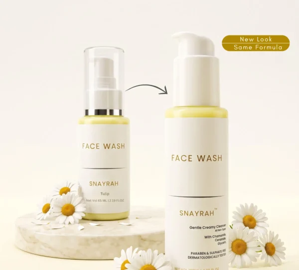 Comparison image of the older and newer SNAYRAH Face Wash packaging with daisy elements and a new look same formula message