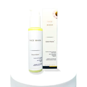 SNAYRAH gentle creamy face wash bottle with outer box on a white display stand