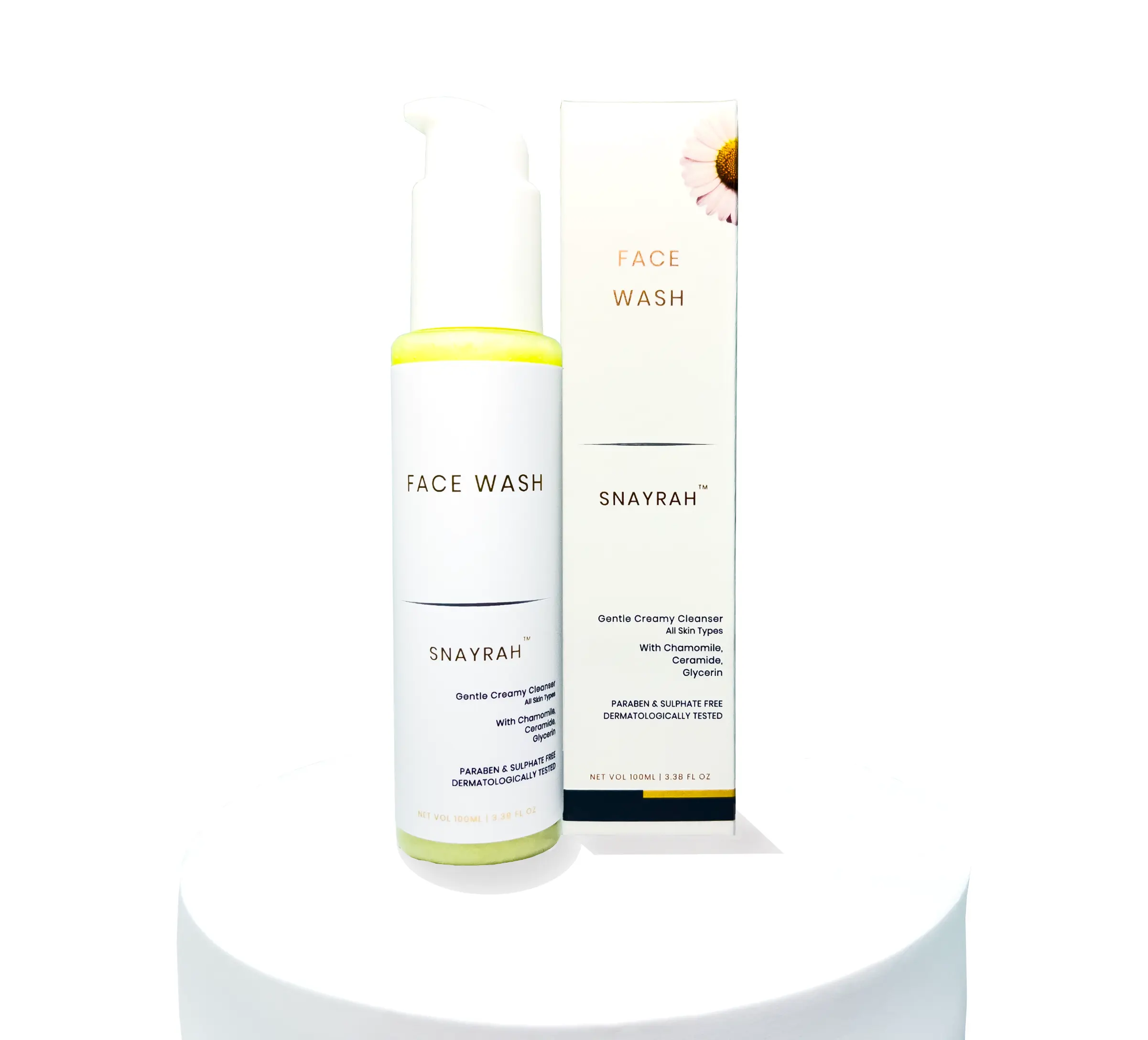 SNAYRAH gentle creamy face wash bottle with outer box on a white display stand