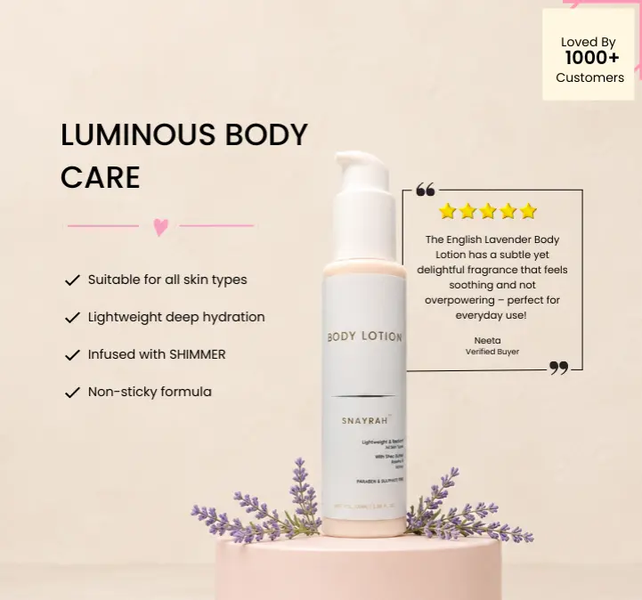 Premium Skincare & Gift Sets SNAYRAH English Lavender Body Lotion highlighting lightweight hydration, subtle shimmer and a non-sticky formula