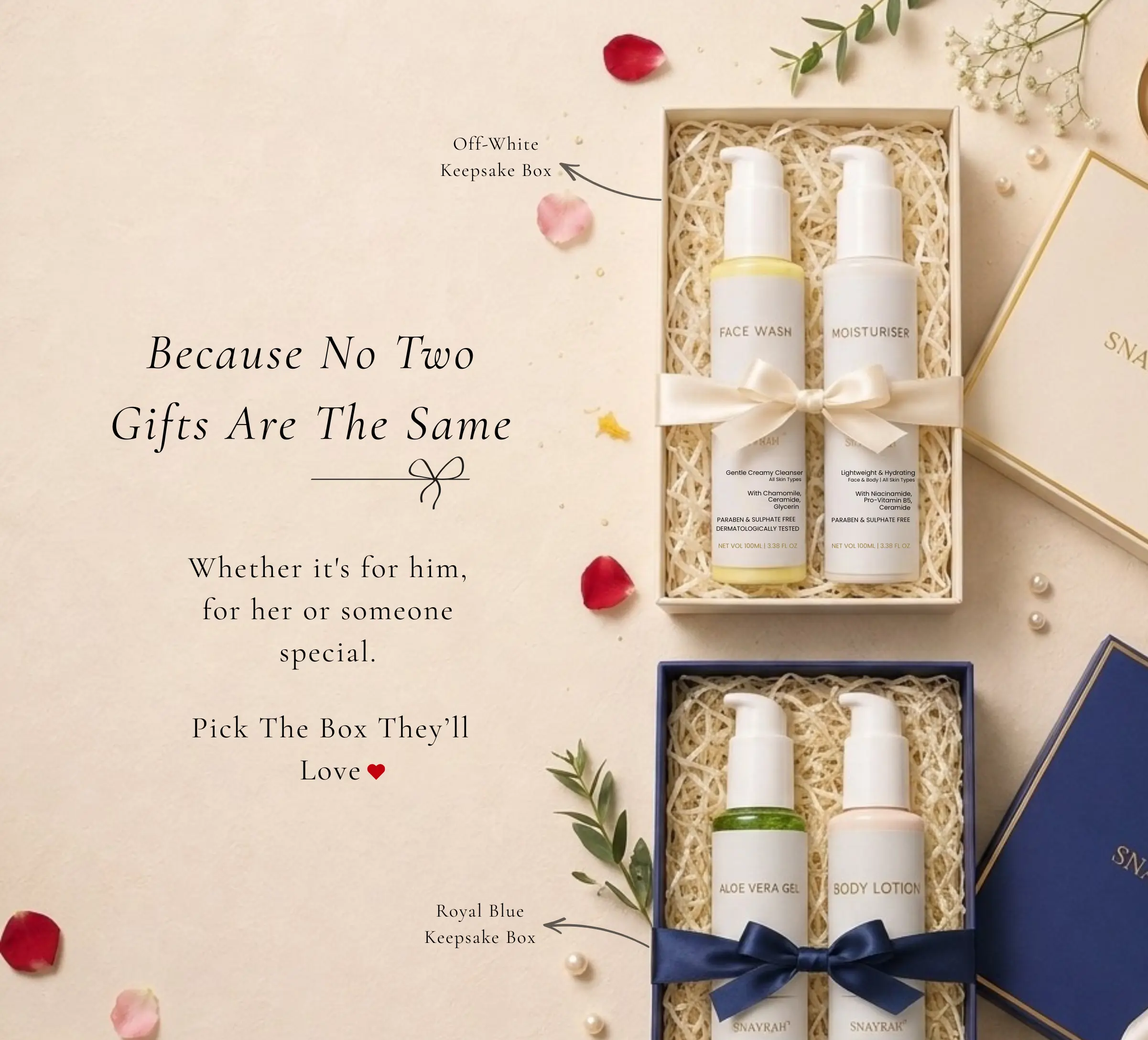 SNAYRAH personalised duo gift sets in off-white and royal blue keepsake boxes