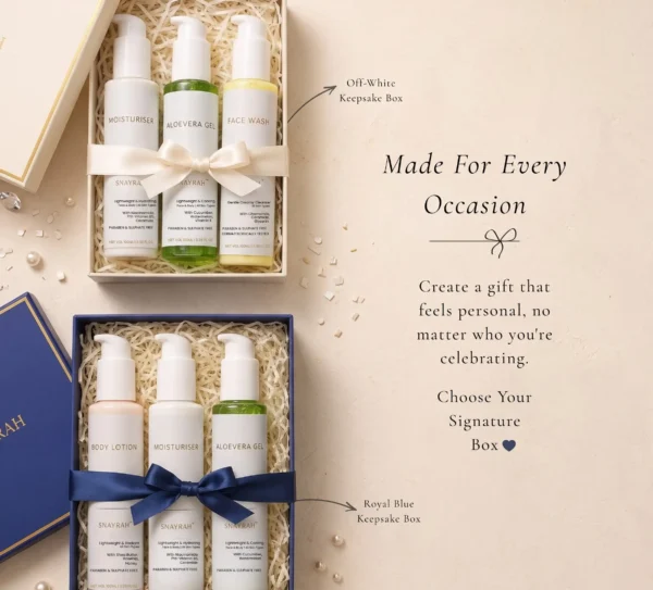 SNAYRAH personalised trio gift sets in off-white and royal blue keepsake boxes