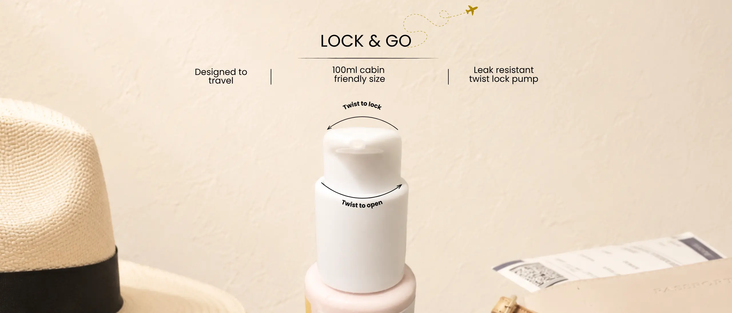 Premium Skincare & Gift Sets SNAYRAH 100ml skincare bottle showing the travel-friendly twist-lock pump mechanism