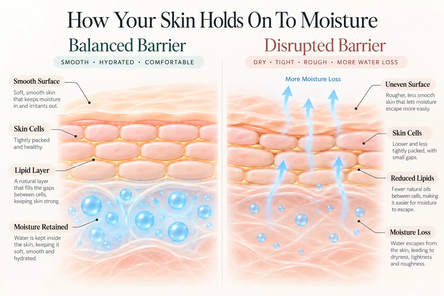 Why Is My Skin Still Dry After Moisturising? 7 Reasons & What Helps Illustration showing a balanced skin barrier vs a disrupted skin barrier, explaining moisture retention and moisture loss in the skin