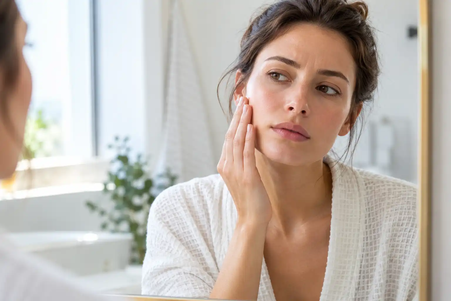 Beauty & Wellness Woman touching her cheek while checking her skin for dryness in a bathroom mirror